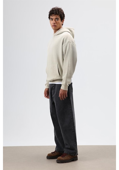 Vamos Oversize Nakış Detaylı Hoodie Bej
