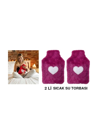 Sıcak Su Torbası 2 Adet,peluş Kalpli,pembe Termofor 29x17cm 750ml Pembe
