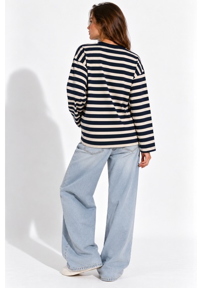 Wild Bee Kadın Lacivert Ekru Çizgili Pamuklu Bisiklet Yaka Oversize Bluz