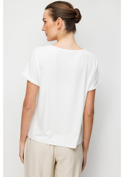 Desen Triko Kadın Sıfır Yaka Yakası Hasır Aksesuarlı Penye T-shirt 26819 Ekru Ekru