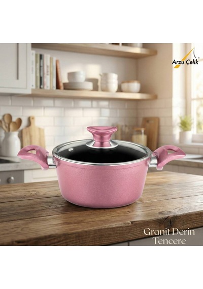 20 Cm Granit Derin Tencere Cam Kapak - Mürdüm Mürdüm