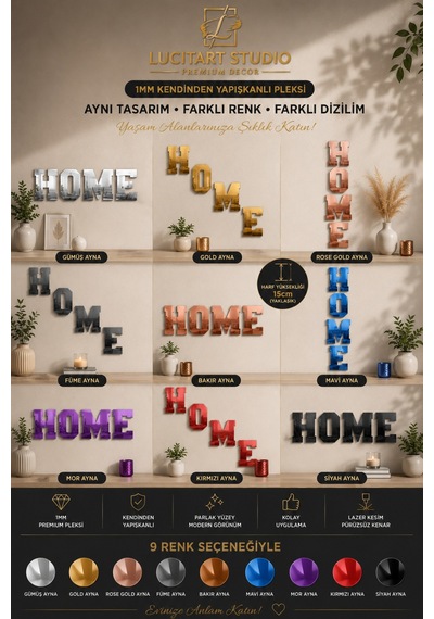 Studio Home Dekoratif Duvar Yazısı 1 Mm Kendinden Yapışkanlı Aynalı Pleksi 9 Renk Seçeneği Gümüş