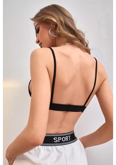 Moda Dua Kadın Siyah Kapsız Sırtı Açık Crop Top Bluz