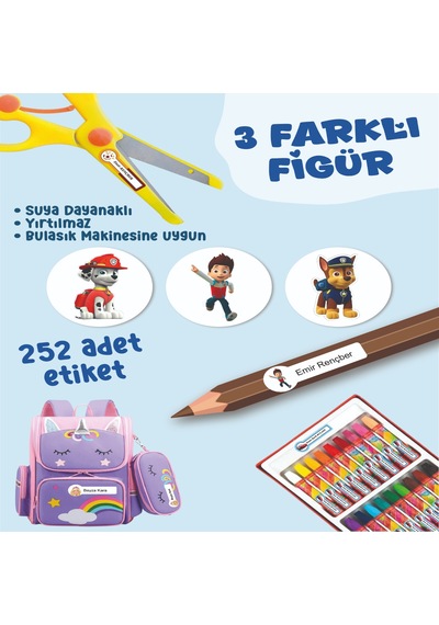 Okul Etiketi Kalem Defter Etiketi Paw Petrol Özel İsim Yazılabilen Etiket - 252adet