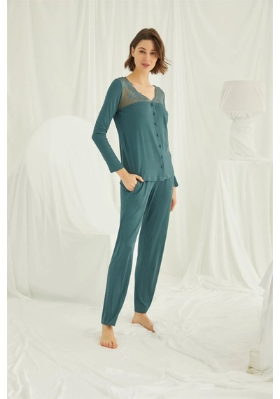 Monamise 19307 Kadın Uzun Kollu Yakası Ve Omzu Dantelli Önü Boydan Düğmeli Pijama Takımı-yeşil YESIL