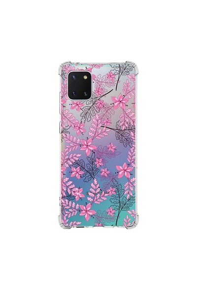 Samsung Galaxy Uyumlu A81 Köşe Korumalı Antişok Kapak Floral Pembe Tasarımlı Şeffaf Kılıf