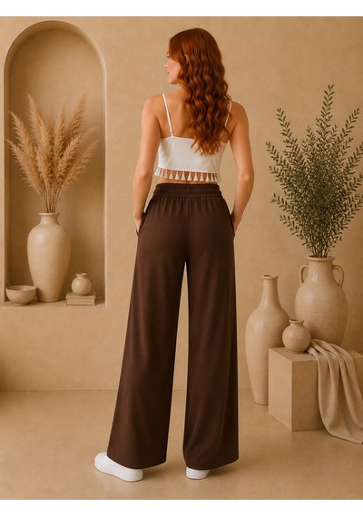 Mitodo.com Casual Örme Kumaş 2 Cepli Belden Ayarlamalı Pantolon Koyu Kahve