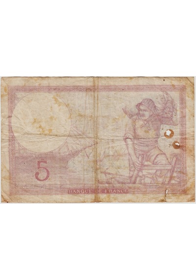 Fransa 5 Frank 1939 Alt Kenarda 1 Cm Yırtık Ve Solda Yanık Deliği Var Temiz -