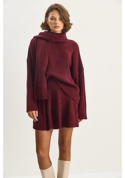Shade Kadın Yarım Balıkçı Yaka Şal Aksesuarlı Kazak Piliseli Etek Triko Takım Tt251012 60283646 - Bordo