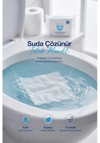 Biyobozunur Mini Islak Mendil %100 Ağaç Lifi Alkolsüz Hassas Ciltler İçin Suda Eriyen Cep Boy 4'lü Paket -54107