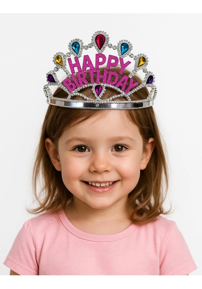 Gümüş Renk Happy Birthday Yazılı Doğum Günü Tacı 60 Cm Çocuk
