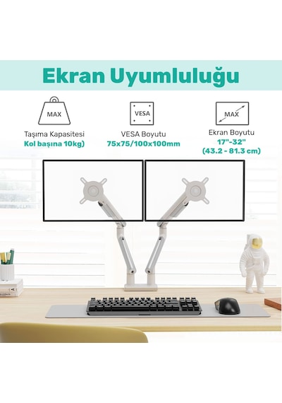 Npo Std49024w Elysium 17"-32" Ultra İnce Tasarım Alüminyum Amortisörlü Vesa Çift Kol Monitör Tutucu