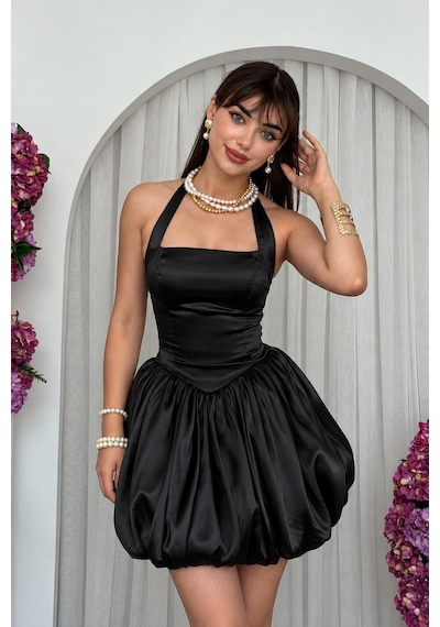 Mayrem Kadın Saten Halter Yaka Balon Mini Elbise Siyah