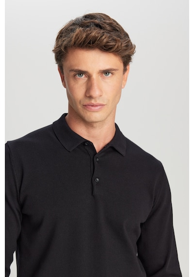 AC&Co / Altınyıldız Classics Erkek Sıyah Pamuklu Standart Fit Normal Kesim Polo Yaka Triko Kazak SIYAH
