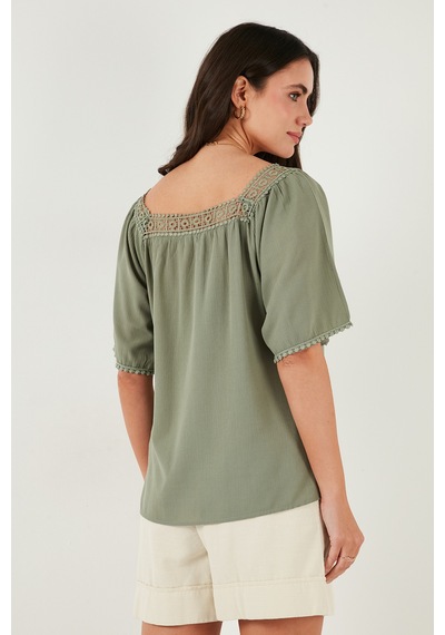 Lela Güpürlü Regular Fit Kare Yaka Bayan Bluz 5869003 Olive