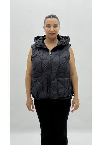 Büyük Beden Kapüşonlu Kapitone Oversize Kadın Kısa Yelek Siyah