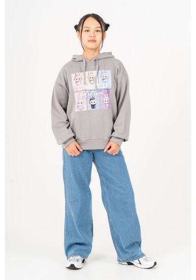Kız Çocuk Labubu Baskılı 3 İplik Kışlık Şardonsuz Sweatshirt 4540 Gri