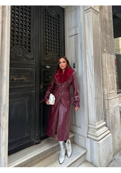 Duygudan Kemerli, Kürk Detaylı Uzun Deri Kadın Kaban - Bordo