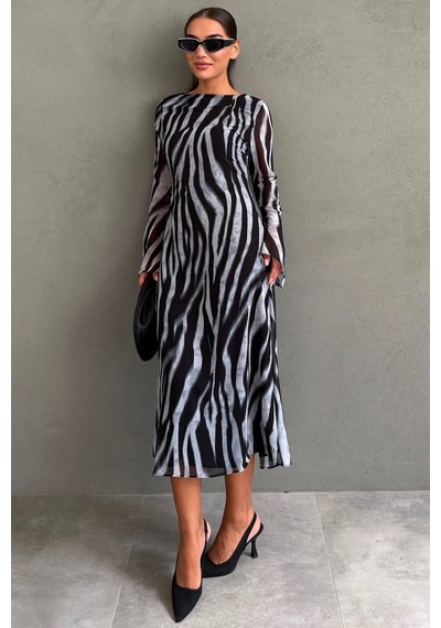 Madmext Gri Zebra Desenli Şifon Midi Elbise Mg2854