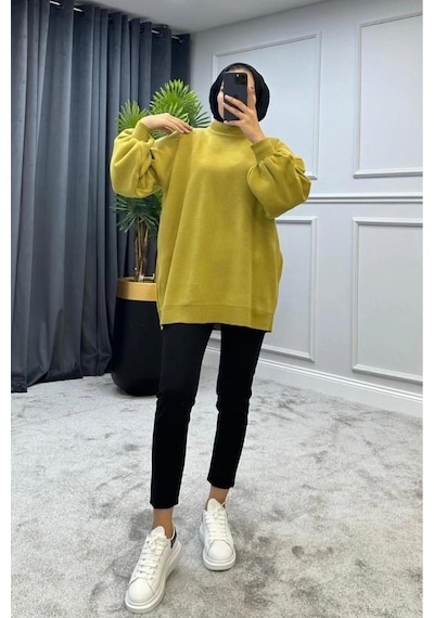 De Pose Yarım Boğazlı Tesettür Triko Kazak Yağ Yeşili