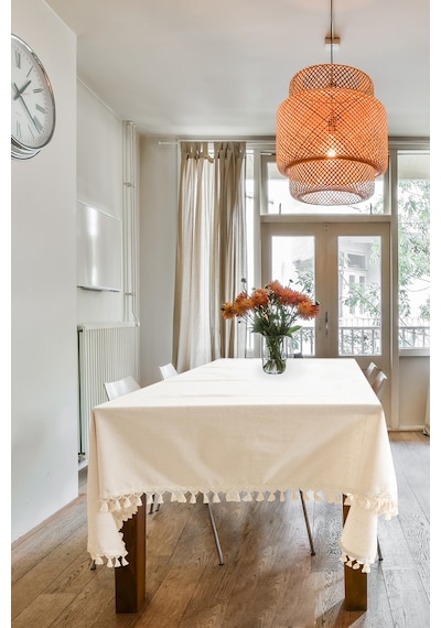 Dnc Home Tekstil  Ham Keten Ponponlu Masa Örtüsü Krem