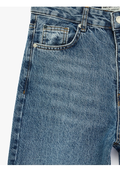 Koton Normal Bel Cepli Düğmeli Düz Paça Bol Kalıp Denim Pantolon - Baggy Jean Orta İndigo 6sal40193md
