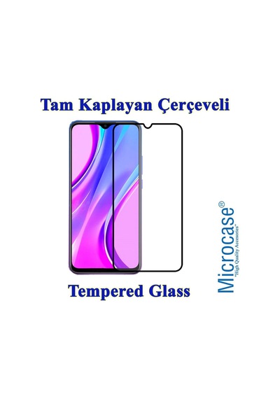 Microcase Redmi 9 Tam Kaplayan Çerçeveli Tempered Cam Siyah