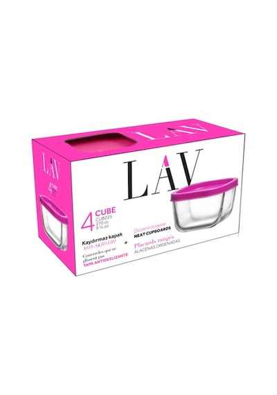 Lav Cube Cam Saklama Kabı 4'lü Küçük Boy 270 ml Kare Pembe Plastik Kapaklı (Kahvaltılık )