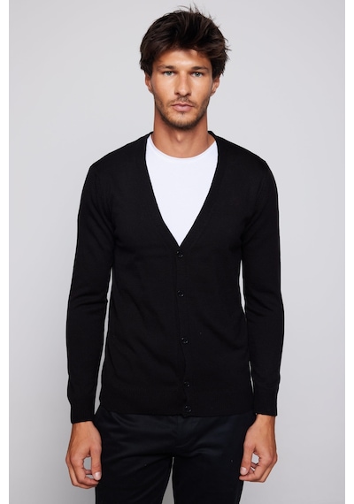 Tudors Erkek Slim Fit Dar Kesim Düğmeli Düz Tüylenmeyen Yumuşak Dokulu Siyah Hırka-28772-siyah Siyah