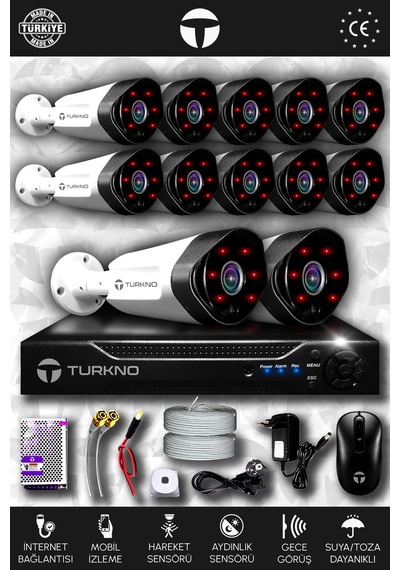Turkno 12 Kameralı Galia 12 Dış Kamera Set HDD'siz Full HD Gece Görüşlü Güvenlik Kamerası Sistemi