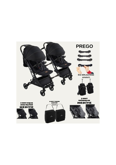 Prego Yan Yana Birleştirmeli Kabin Boy İkiz Bebek Arabası Ayak Örtüsü + Yağmurluk +taşıma Çanatası Siyah