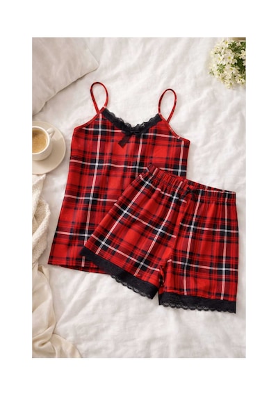 Tenra Kadın Kırmızı Ekose İp Askılı Şortlu Pijama Takımı Dantel Detaylı