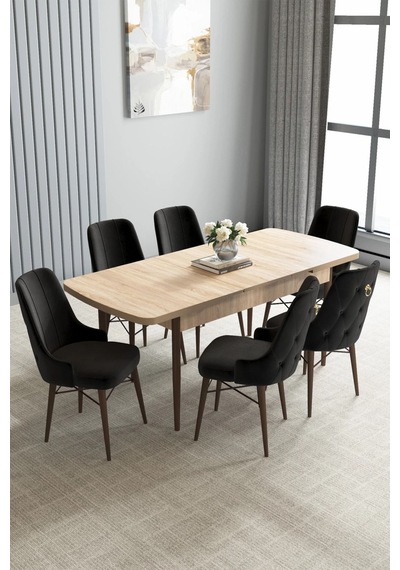 Zümra Serisi, Meşe Desen 80x132 Açılabilir Mdf Mutfak Masası Takımı 6 Adet Sandalye, Siyah Zümra Serisi, Meşe Desen 80x132 Açılabilir Mdf Mutfak Masası Takımı 6 Adet Sandalye, Siyah