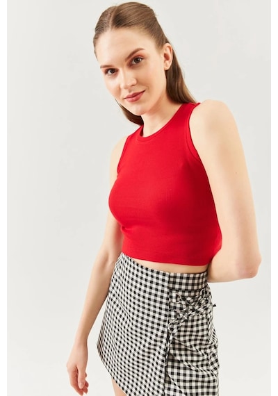 Butikgiz Kadın Sıfır Kol Bisiklet Yaka Vücuda Oturan %100 Pamuklu Kaşkorse Esnek Crop Bluz Kırmızı