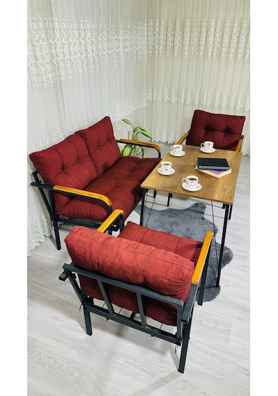 Madame Home Kadife Balkon, Bahçe,teras,cafe - Salon - Metal Kanepe Koltuk Takımı - 2+1+1 + Masa Bordo