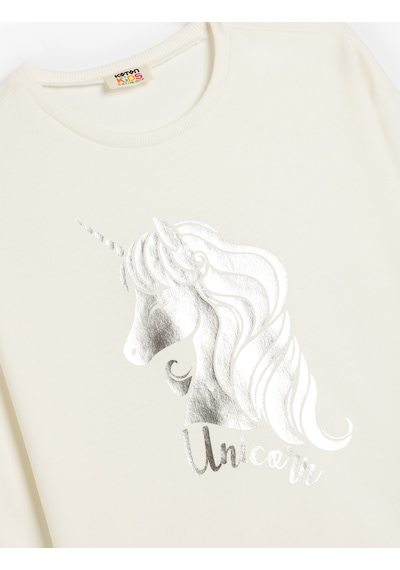 Koton Sweatshirt Unicorn Baskılı Uzun Kollu Bisiklet Yaka Pamuklu Ekru 5skg10182ak Ekru