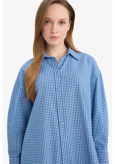 Defacto Regular Fıt Kareli Poplin Uzun Kollu Tunik G9648ax26spbe52 Mavi-be52