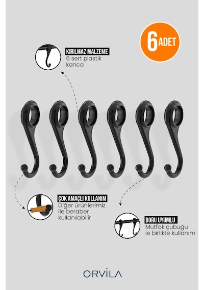 Siyah Metal Mutfak Ve Banyo Askısı 6 Kancalı Askı Demiri 42 Cm Çubuk