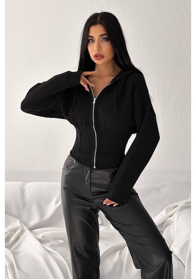Kadın Siyah Fermuarlı Hoodie Minimal Sokak Ruhuyla Siyah