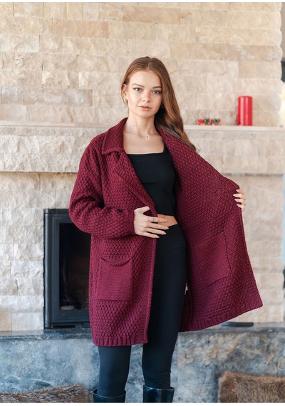 Düğme Detaylı Örme Hırka Vişne