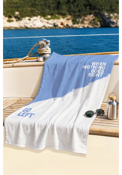 Mavi Beyaz Yazılı Plaj Havlusu - Minimalist Tipografik Modern Stil Hızlı Kuruyan Mikrofiber Havlu Çok Renkli