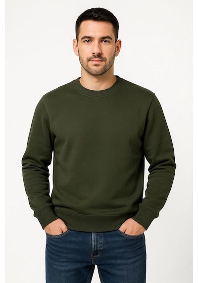 Barlashive Erkek 3 İplik Pamuklu Düz Bisiklet Yaka Sweatshirt - Haki Çok Renkli