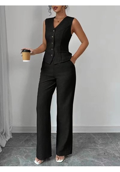 Defymoda Kadın Askılı Önden Düğmeli Bluz Ve Pantolon Keten Ikili Takım Siyah Defymoda Kadın Askılı Önden Düğmeli Bluz Ve Pantolon Keten Ikili Takım Siyah