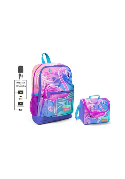 Coral High Pembe Flamingo Baskılı Okul Çantası ve Beslenme Çantas