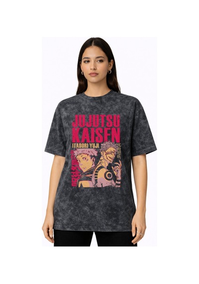 Jujutsu Kaisen Itadori Yuji Anime Baskılı Unisex Oversize Vintage Siyah