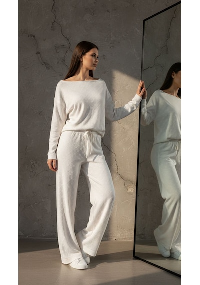Kabartma Kalp Baskılı Omuz Dekolteli %100 Pamuk Pijama Takımı