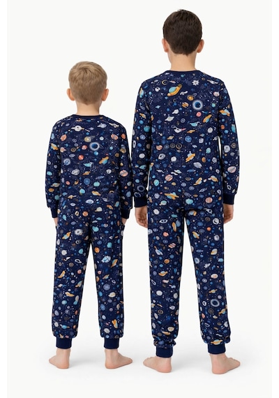 Zuzunga Astronot Temalı Pamuk Unisex Çocuk Pijama Takımı Lacivert2