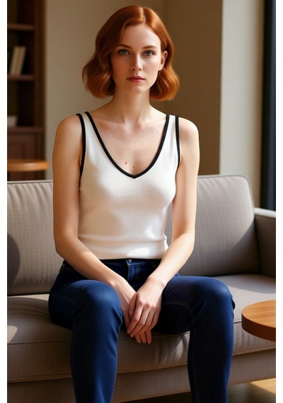 Ersefa Triko Bluz V Yaka Kolsuz Crop Basic Siluet Rahat Kullanım Şık Gör Ekru