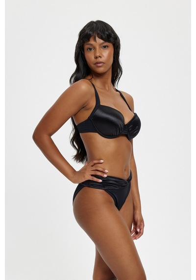 Louren Kadın Saten Detaylı Telli Kaplı Siyah Bikini Takımı Kaplı Üst & V Kesim Alt Siyah