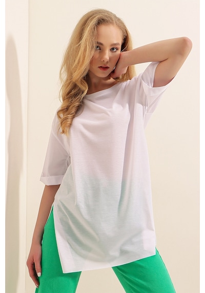 Bigdart 4123 Yırtmaçlı Oversize Tişört - Beyaz 001